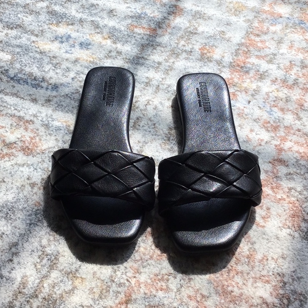 Classy woven black slip on sandals, size 8.5